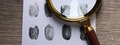 Magnifying glass with envelope with fingerprints on wooden backg Magnifying glass with envelope with fingerprints on wooden background